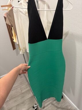 Bebe Black & Green V-Neck Bodycon Dress